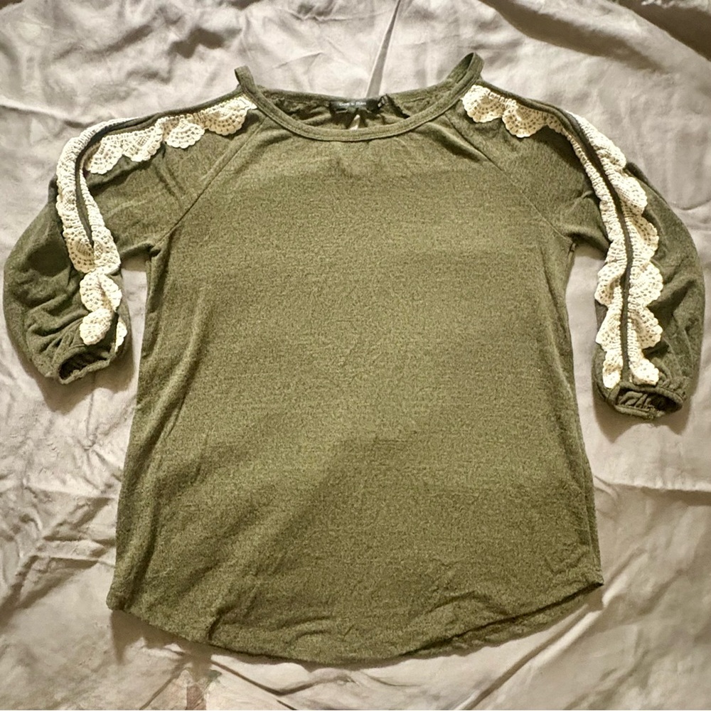 DOE & RAE Crochet Sleeve Green/Cream Open Shoulder Sweater Blouse/Top S Keyhole